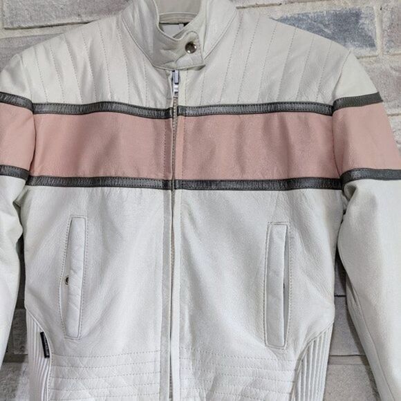 Leather jacket Jamin white with pink and silver stripe removable lining XS - Picture 3 of 12